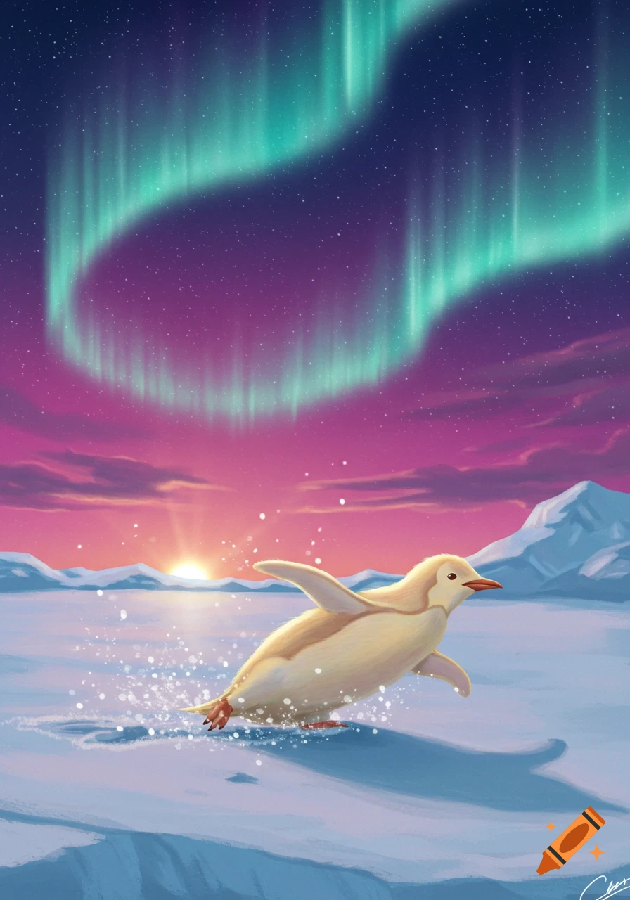 A light yellow penguin slides on an icy surface under a vibrant purple and pink sky with green aurora borealis.