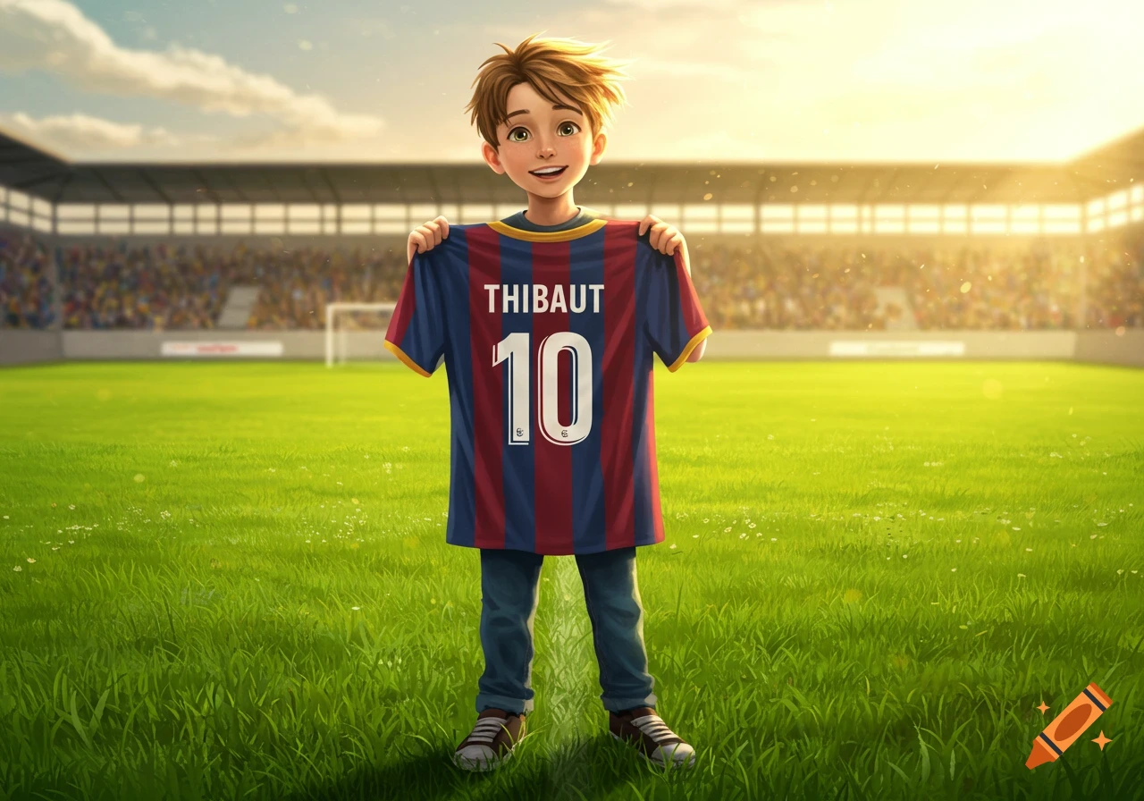 A smiling boy with brown hair holds a red and blue striped jersey with 'THIBAUT 10' on it, in a sunny football stadium.