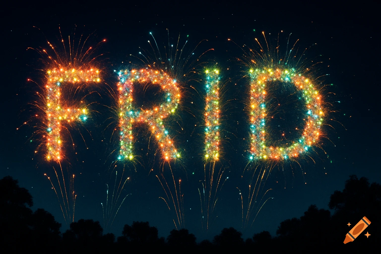 The word "FRID" spelled out in colorful, sparkling fireworks against a dark night sky with silhouetted trees.