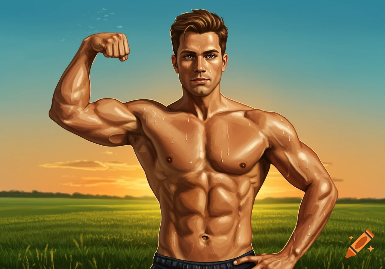 An illustration of a shirtless, muscular man with sweat on his body, flexing his bicep in a green field at sunset.