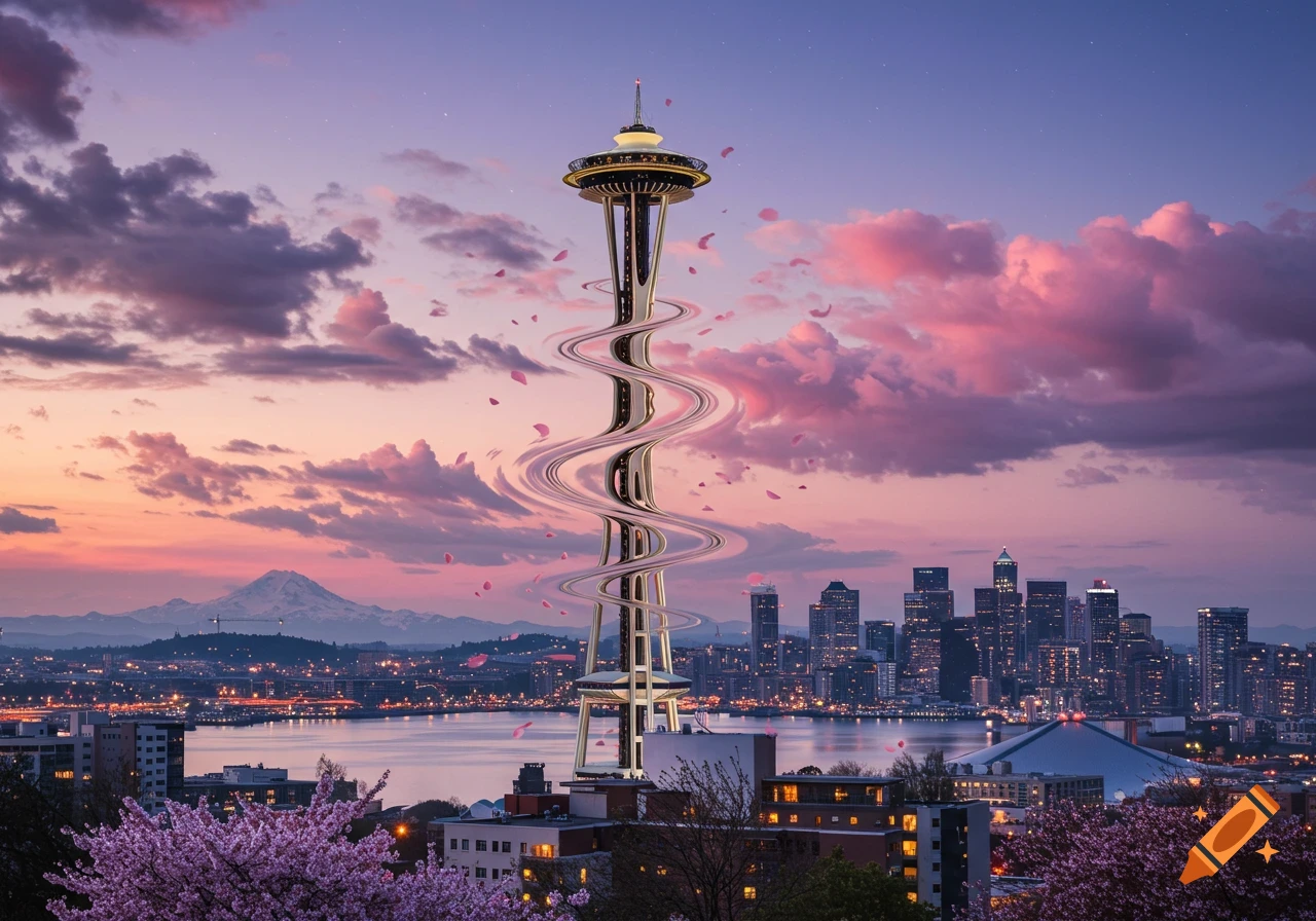 A distorted Space Needle at sunset over a Seattle cityscape with a distant mountain and cherry blossoms.