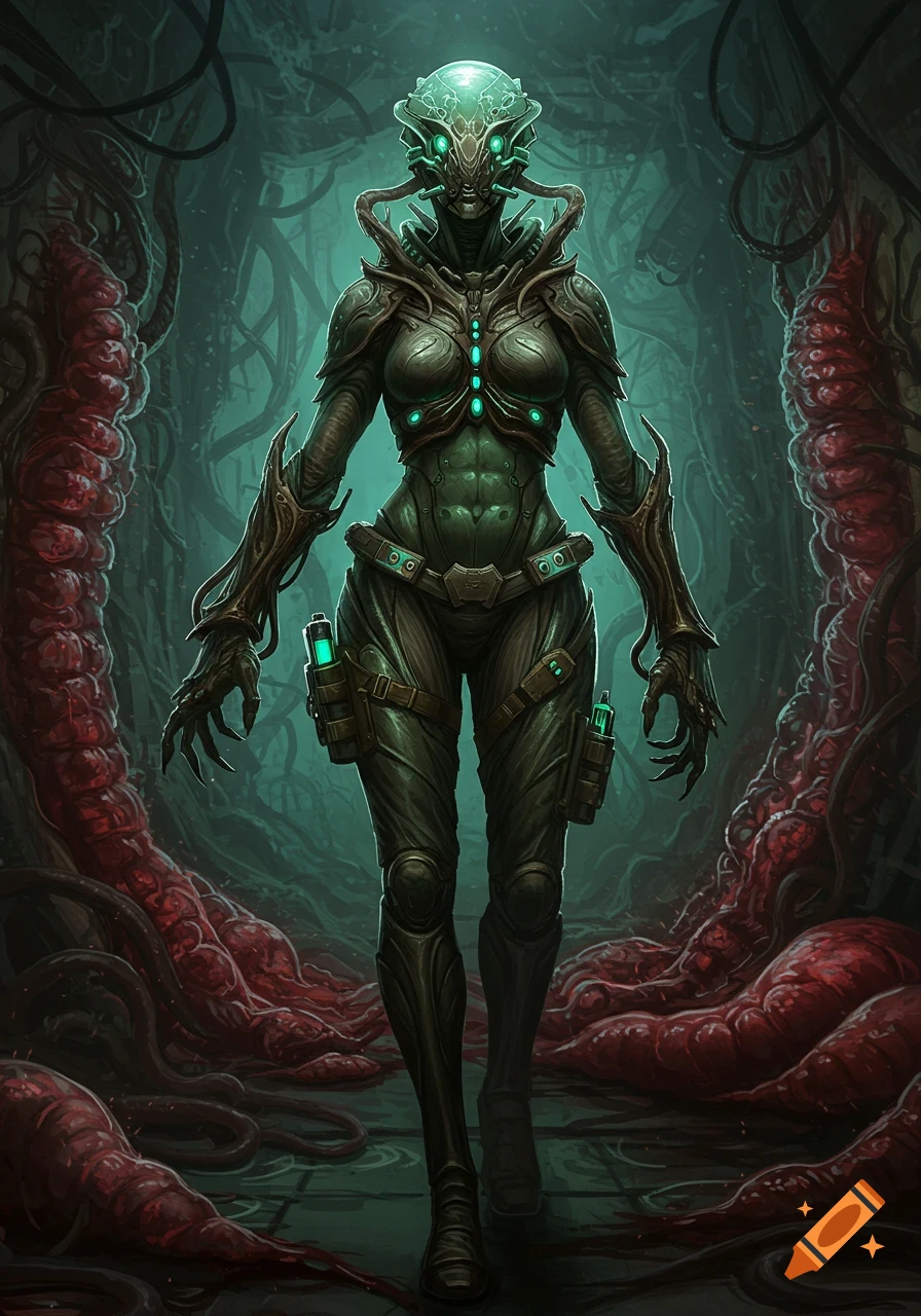 A full-body portrait of a female sci-fi freelancer in a dark, decaying, biomechanical corridor. She wears a form-fitted suit with chitinous armor and a full organic helmet. The corridor features fleshy tendrils and overgrowth.