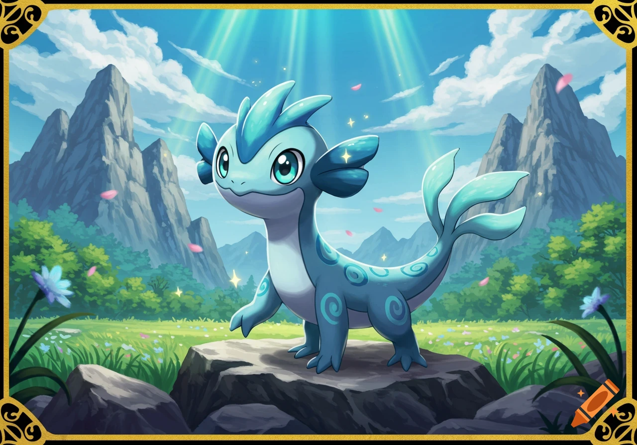 A cute, light blue, Pokémon-like creature stands on a rock in a bright fantasy landscape with mountains and sunlight.