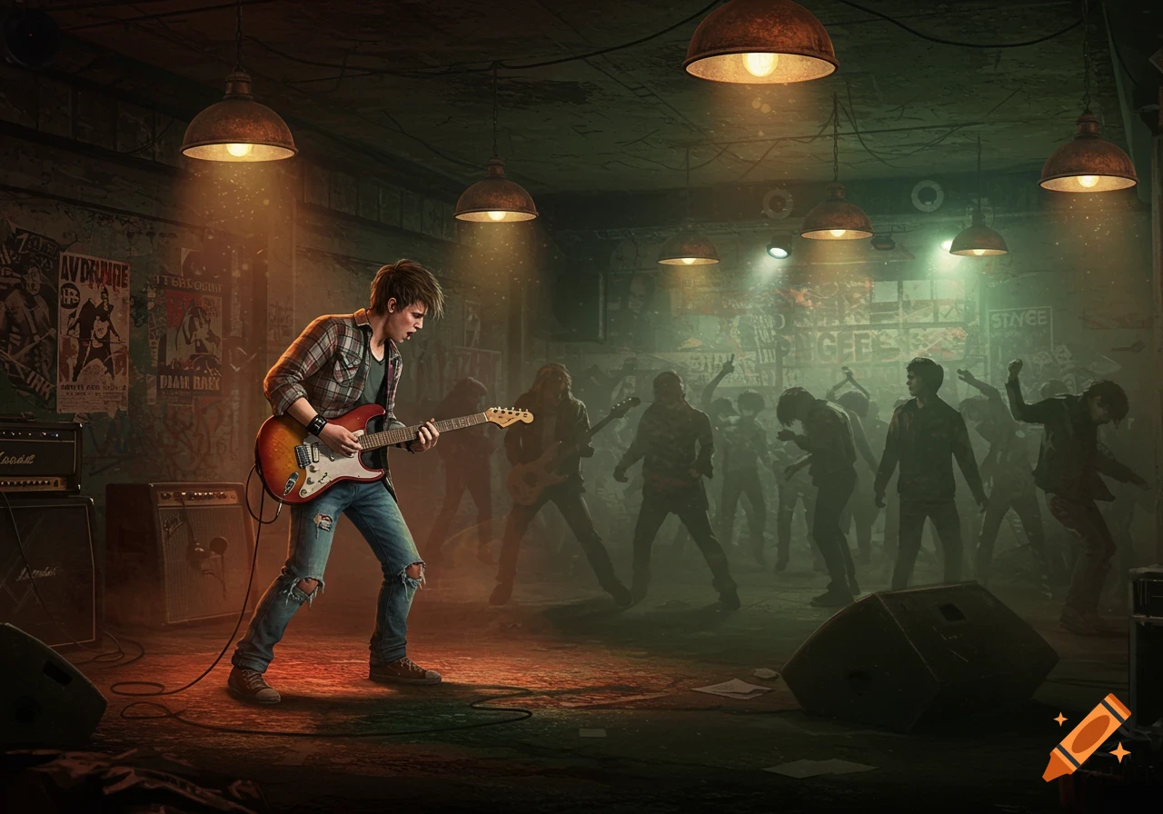 Male guitarist in plaid shirt and ripped jeans playing electric guitar on a dimly lit stage with a blurred crowd at a grunge concert.