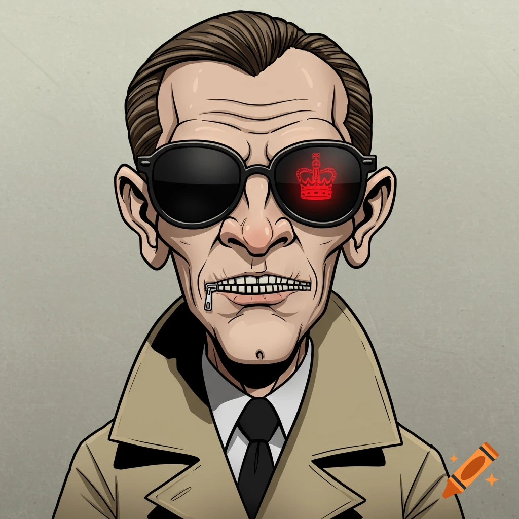 A 2D caricature portrait of a sinister government agent wearing a trench coat and sunglasses, with his mouth zippered shut. A glowing red crown reflects in his left sunglass lens.