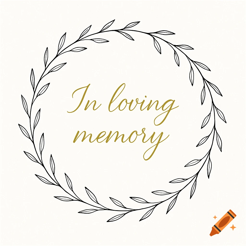 A simple black line-art wreath surrounds the gold script 'In loving memory' on a plain background.