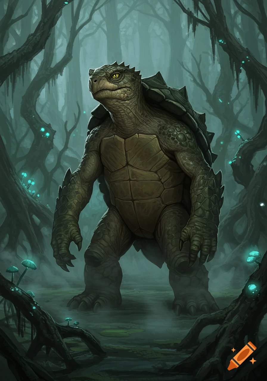 A muscular, bipedal turtle creature with spiked scales and yellow eyes stands in a misty, bioluminescent swamp.