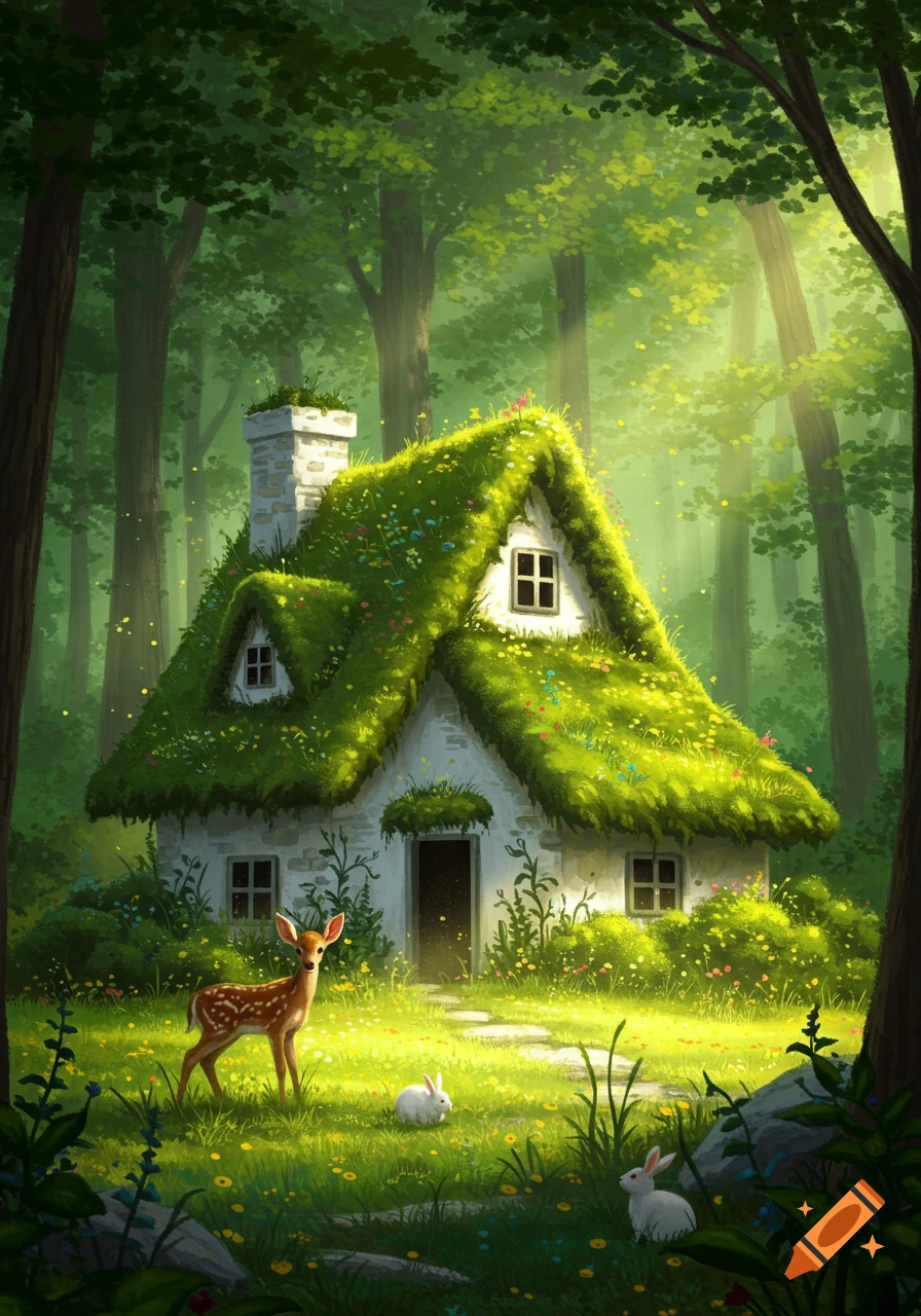 A whimsical, illustrated scene of a moss-covered cottage in a sunlit forest, with a fawn and two rabbits grazing.