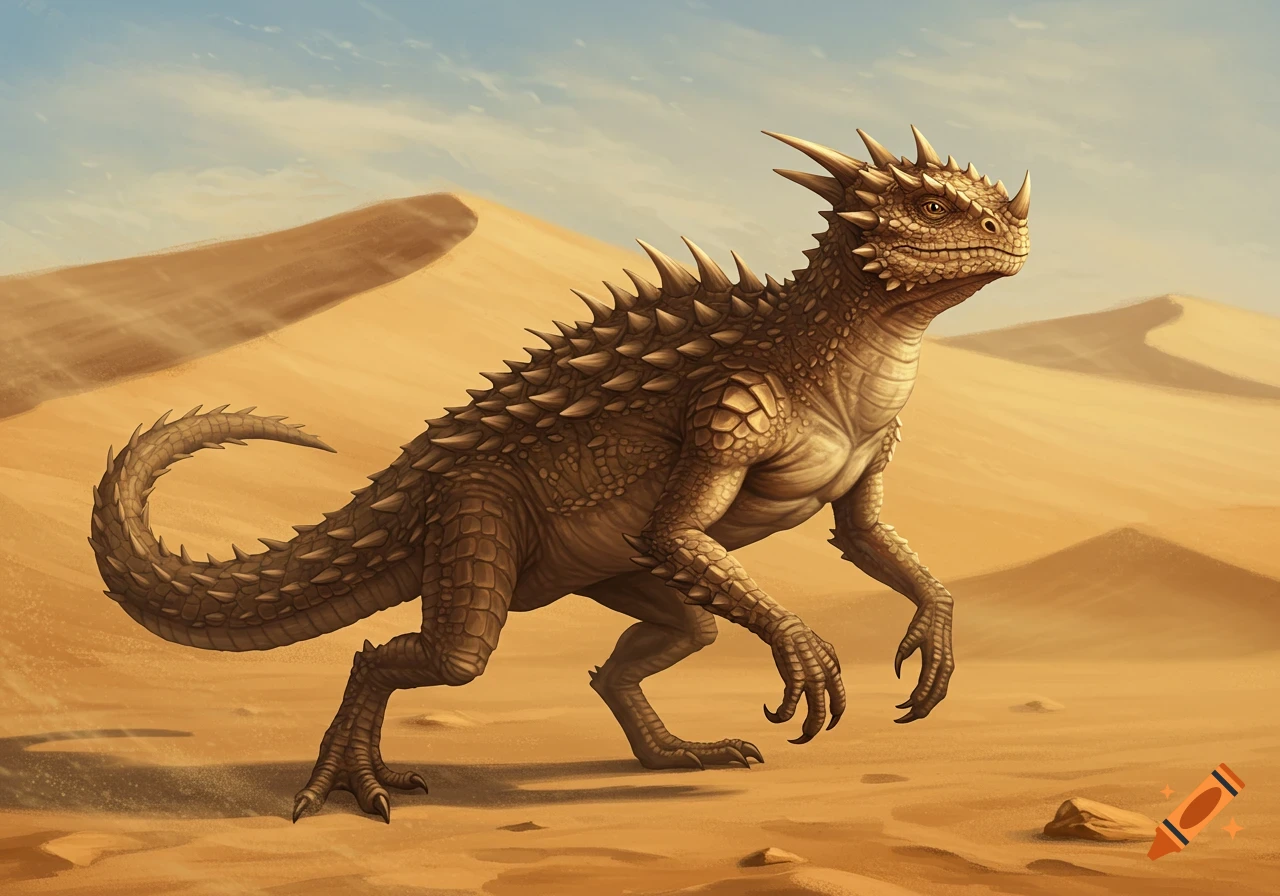 A brown, spiky desert lizard-like creature with horns and scales stands on sand dunes under a blue sky.