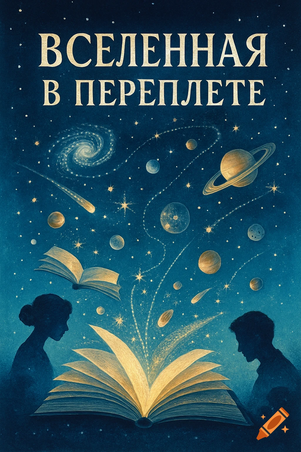 A dark blue cosmic scene with planets and stars flowing from open books, with silhouettes of readers and the title "ВСЕЛЕННАЯ В ПЕРЕПЛЕТЕ".