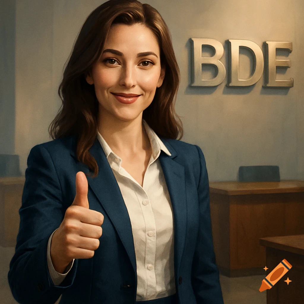 A smiling businesswoman in a blue suit gives a thumbs up with 'BDE' signage in the background, photorealistic style.
