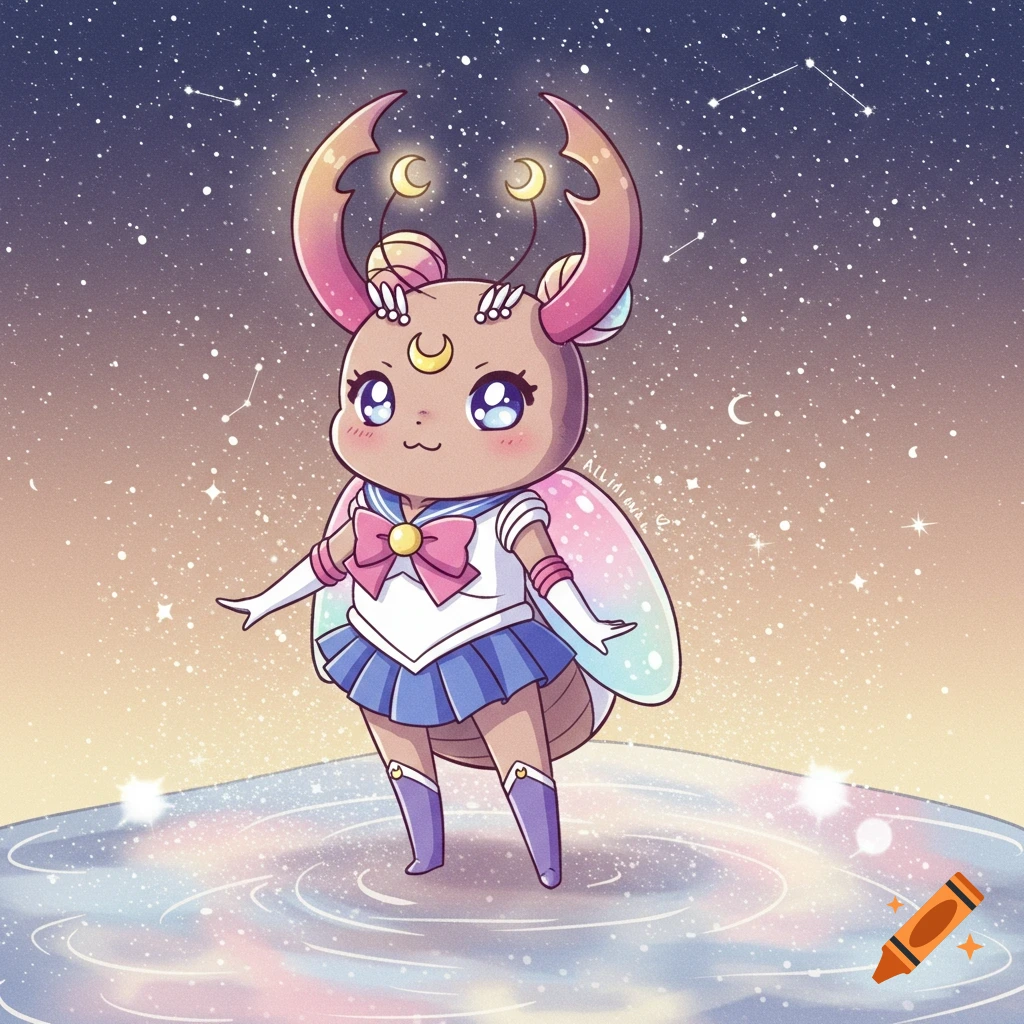 A cute brown beetle character dressed as Sailor Moon, with large blue eyes, antennae with crescent moons, stands on a cosmic surface under a starry sky in a manga style.