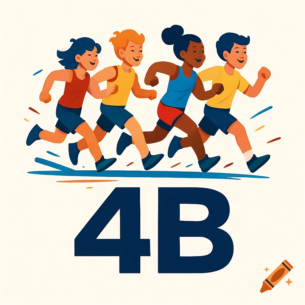 Illustration of four diverse children running a race with '4B' below them.