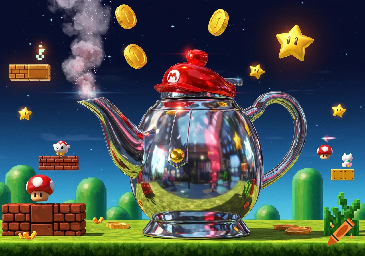 A shiny chrome teapot with a Mario hat sits on green grass in a Super Mario Bros. themed night scene, with floating coins and stars.