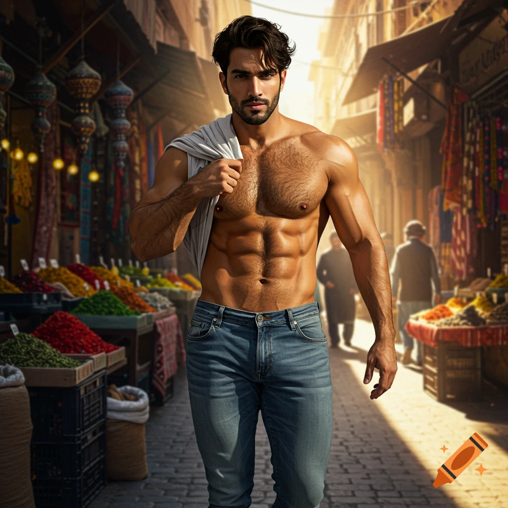 A muscular man with a hairy chest and jeans stands in a vibrant, sunlit marketplace.