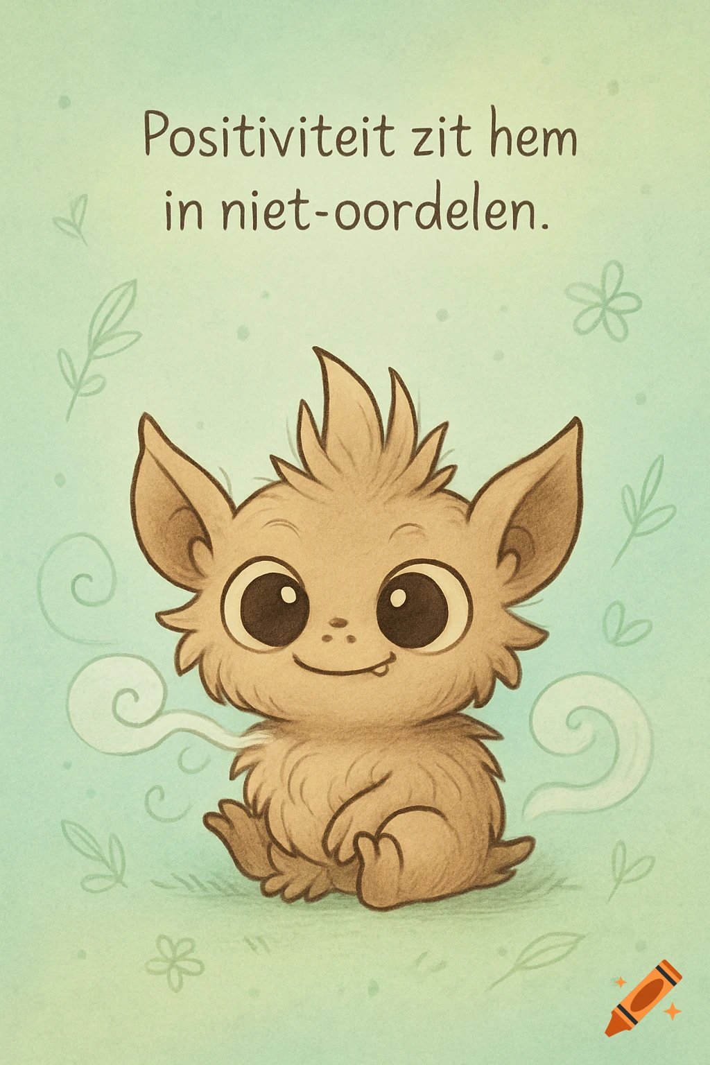 A cute, fluffy brown cartoon creature with large eyes and ears sits on a green background with wisps and leaves, below Dutch text.