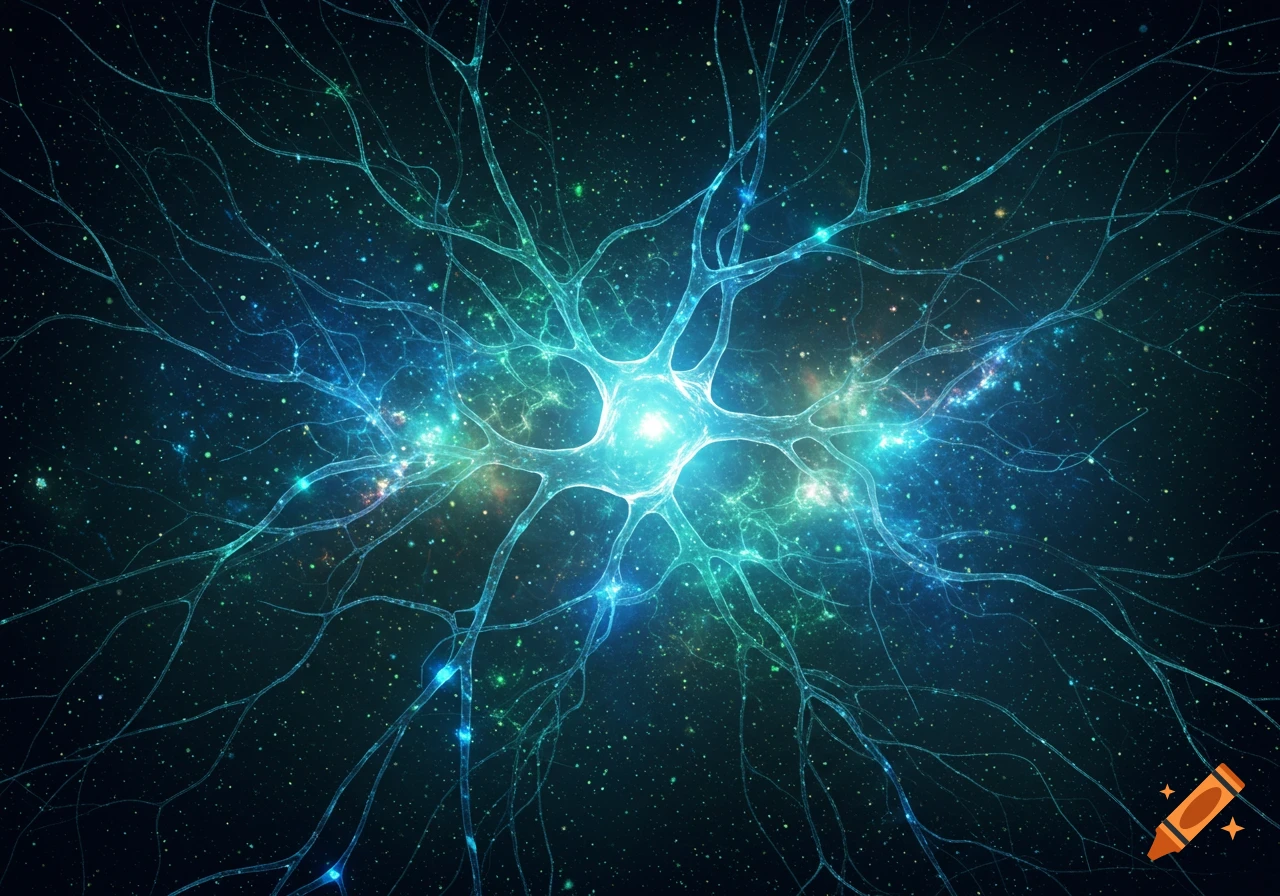 A glowing neuron-like structure with branching dendrites against a dark, starry, cosmic background with blue and green light.