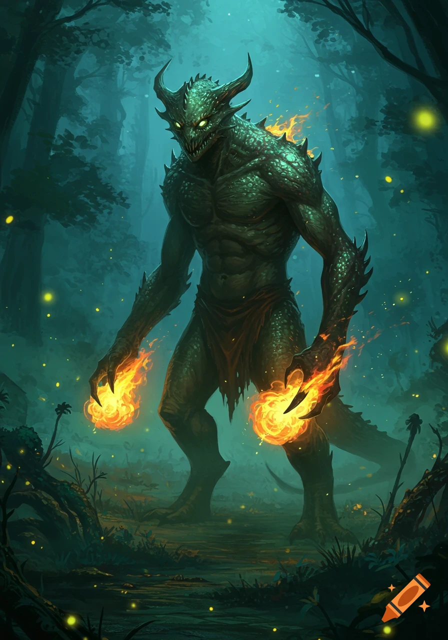 A large green-scaled monster with horns, glowing eyes, and fire in its hands stands in a dark, mystical forest. Digital fantasy art.