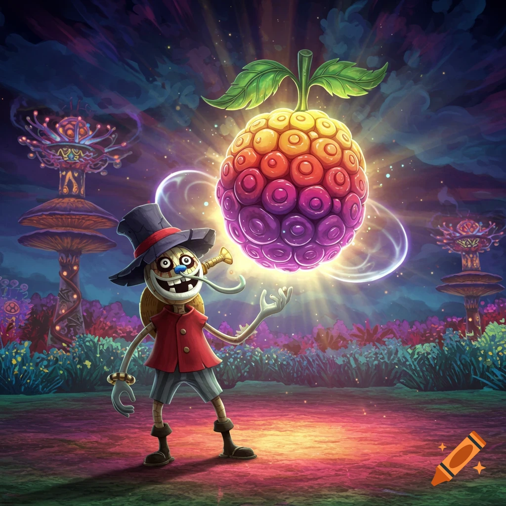 A cartoonish character in a top hat with a wide grin holds a glowing, colorful fruit in a vibrant fantasy landscape.