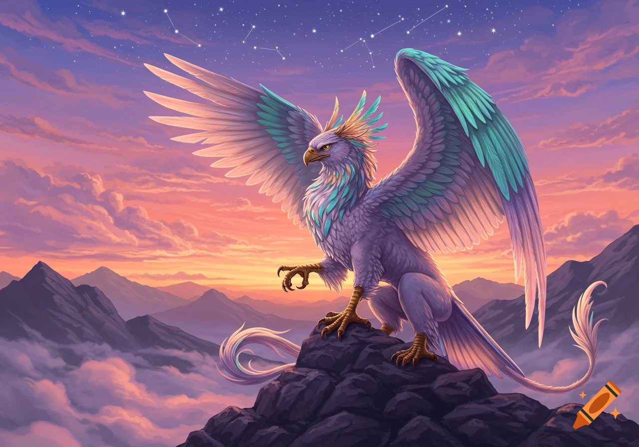 A majestic griffin with purple and teal feathers stands on a rocky mountain peak at sunset, with constellations in the sky.