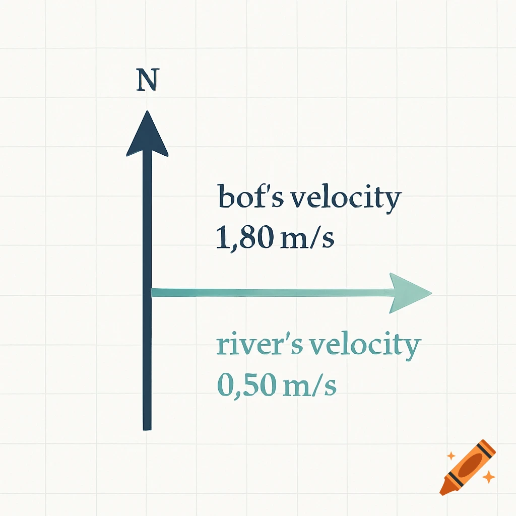 A velocity diagram shows a dark blue vector pointing North labeled "N" and "bof's velocity 1,80 m/s", and a teal vector pointing East labeled "river's velocity 0,50 m/s".