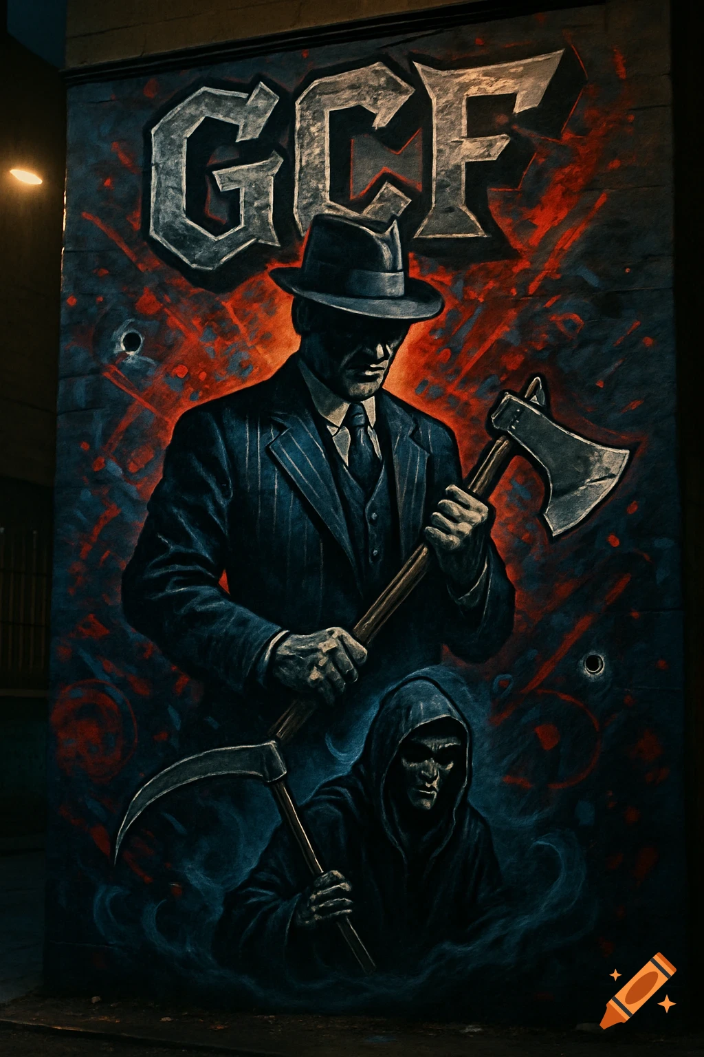 A stylized spray art mural with 'GCF' at the top, depicting a man in a fedora holding an axe and a grim reaper holding a scythe.