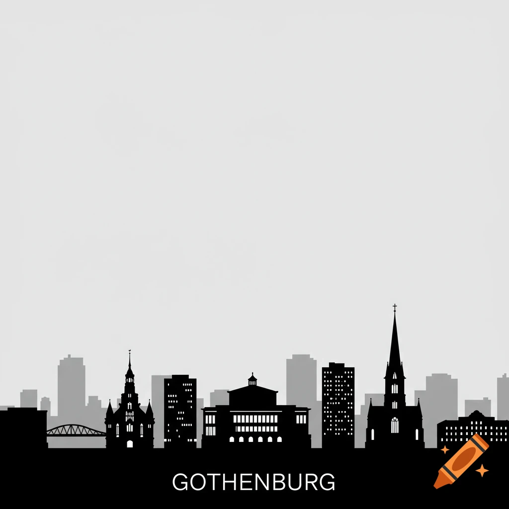 A black and white graphic silhouette of the Gothenburg city skyline with the word "GOTHENBURG" below.