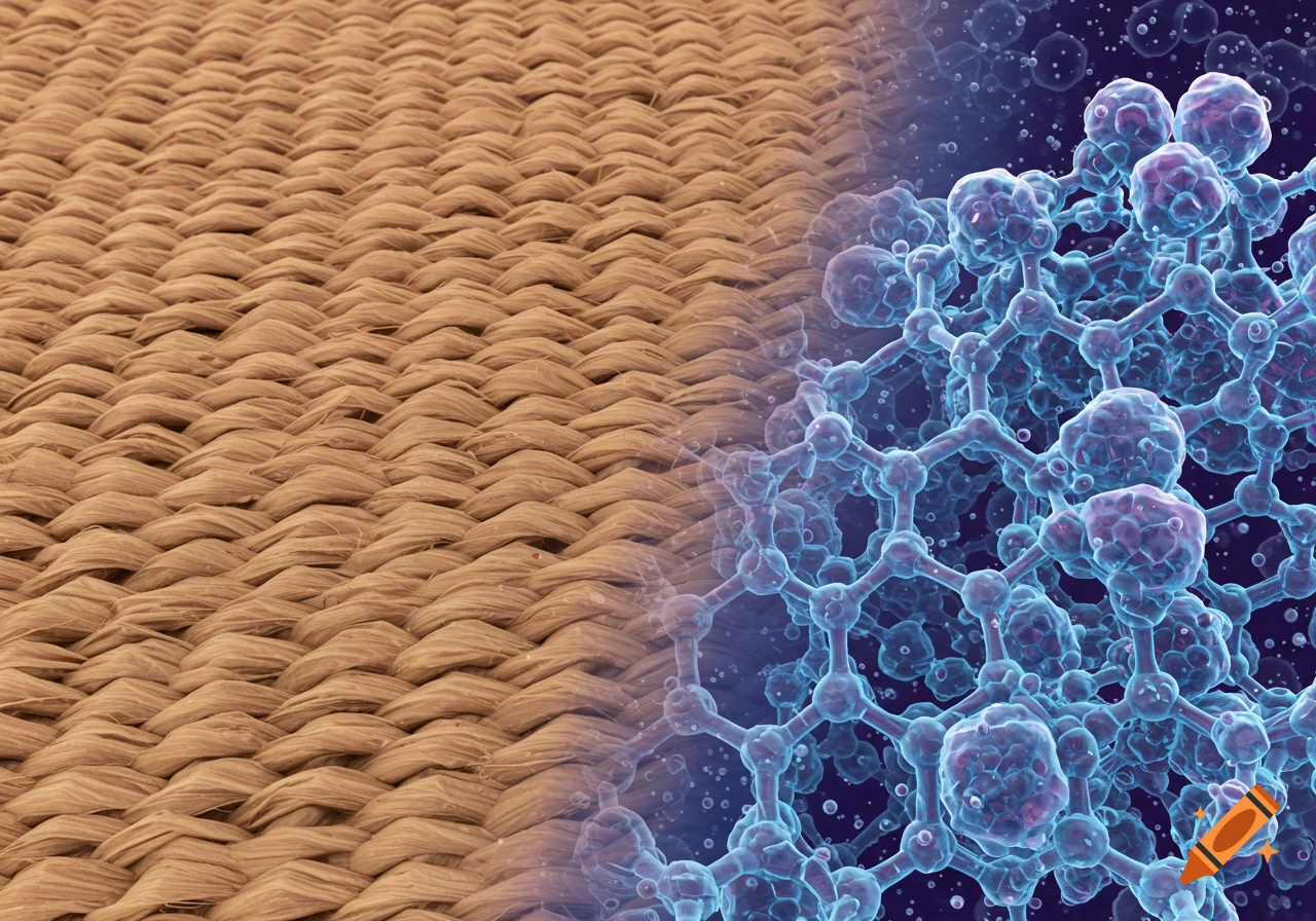 Microscopic view of woven brown fabric transitioning into a blue molecular cellulose structure.