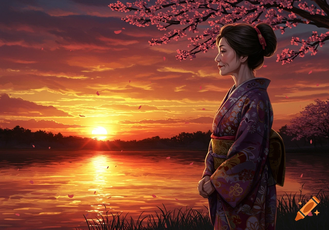 A middle-aged Japanese woman in a purple kimono stands by a lake, gazing at a vibrant orange and pink sunset with cherry blossoms overhead.