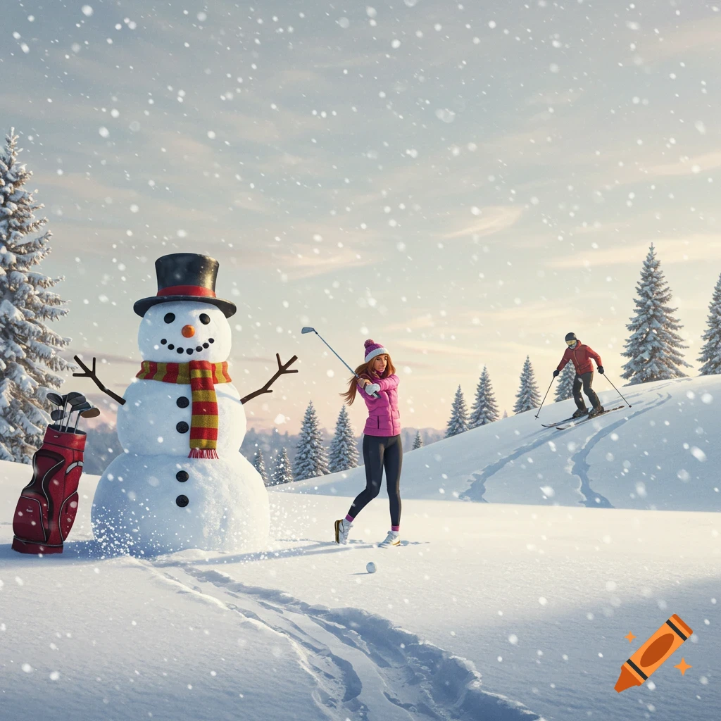 A woman plays golf next to a snowman in a snowy landscape as a man skis down a hill nearby.