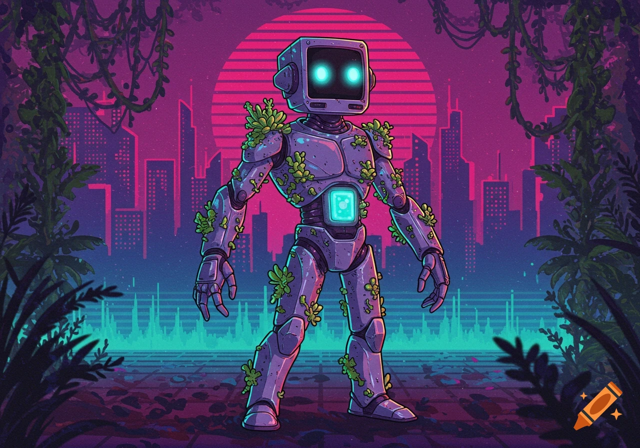 An illustrated retro synthwave image of a robot covered in green plants, standing in an overgrown cityscape under a pink grid sun.