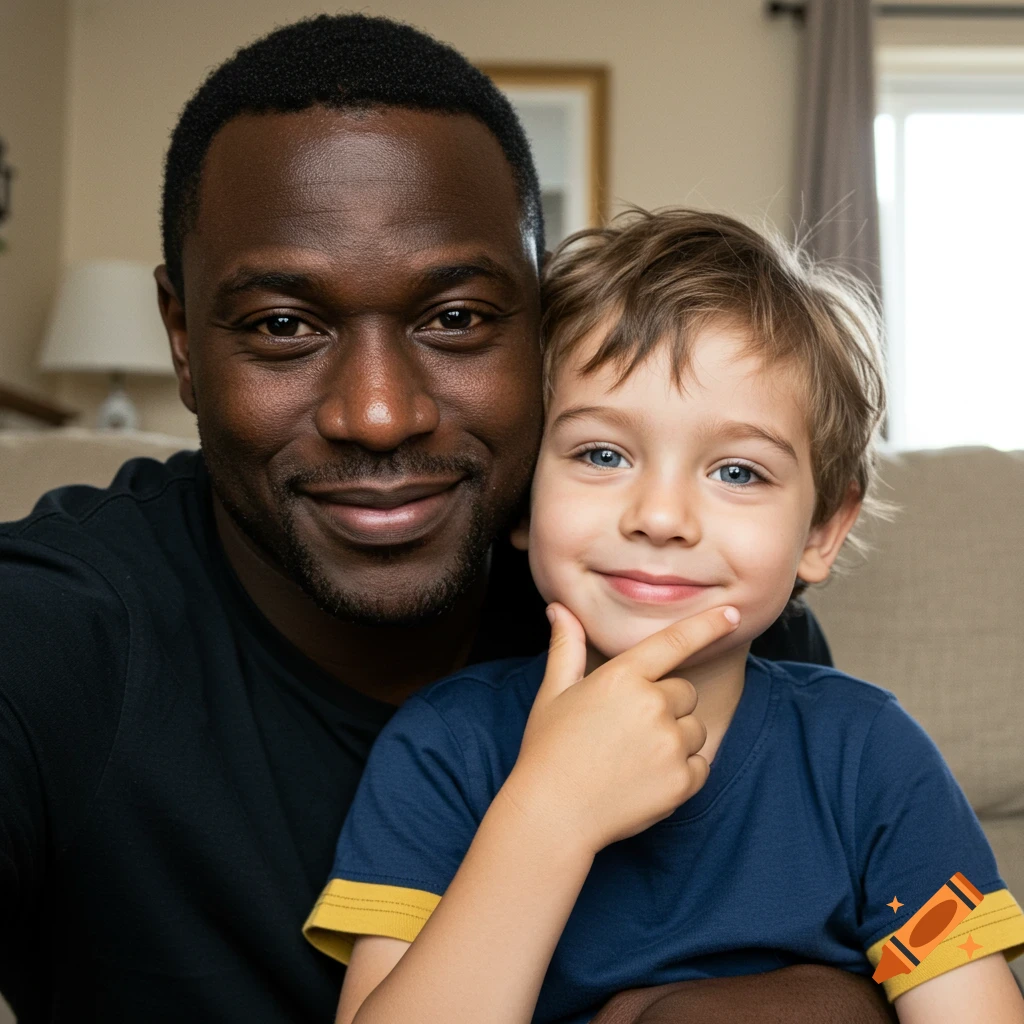 A smiling Black man and a young boy with blue eyes look directly at the camera. The boy has his finger on his chin.
