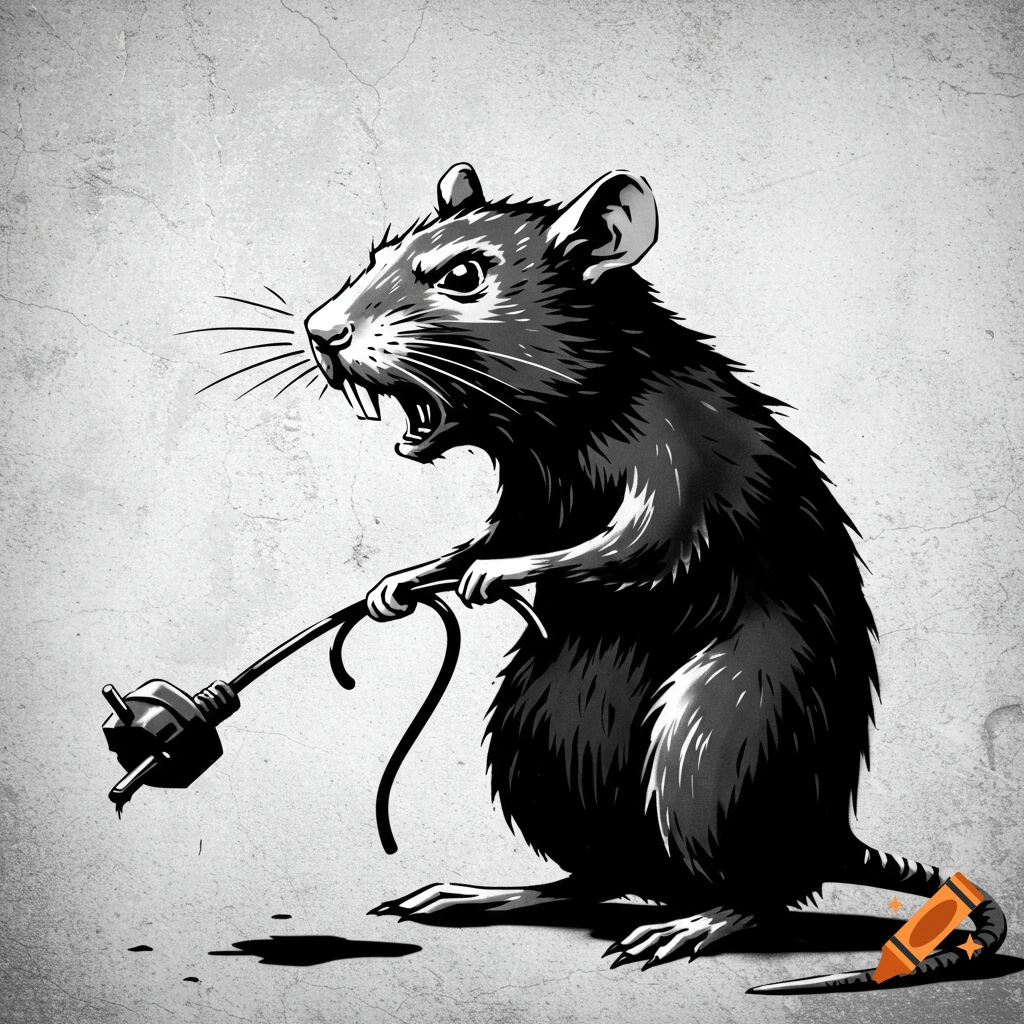 Angry, black and white Banksy-style illustration of a rat holding a broken power plug.