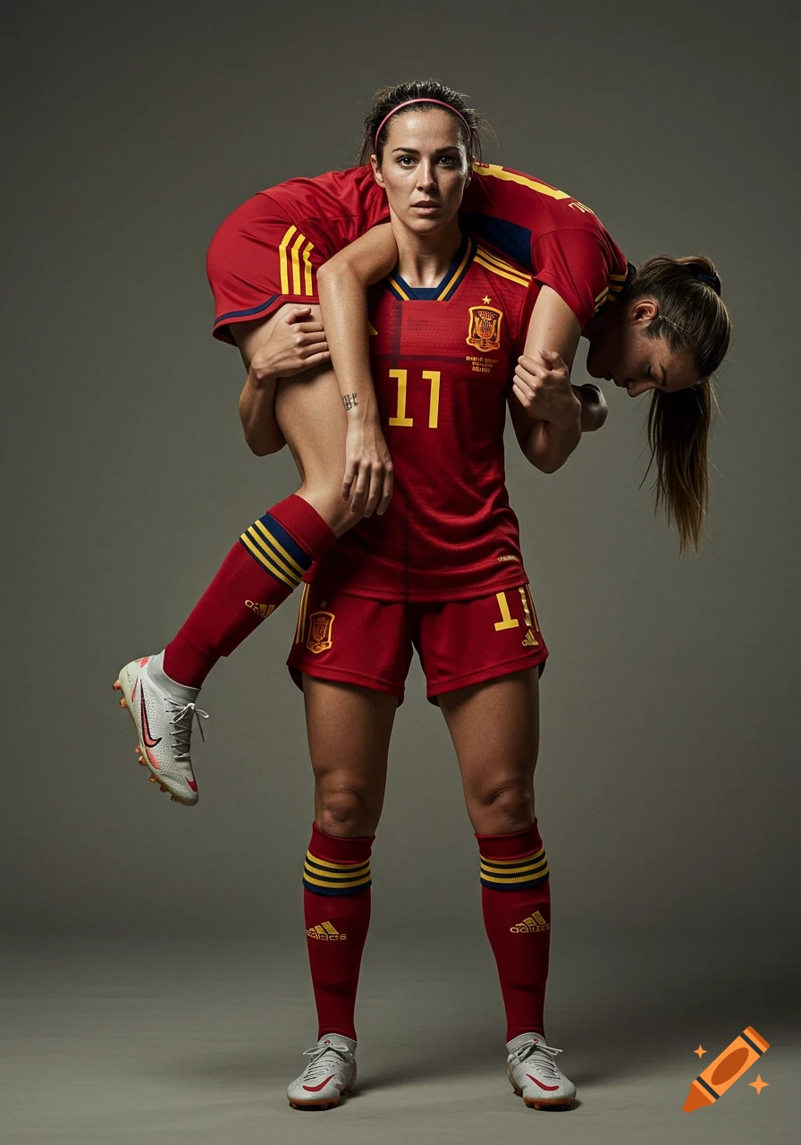 Two photorealistic women soccer players; one in a red Spain jersey with number 11 carries a fainted teammate on her shoulders.