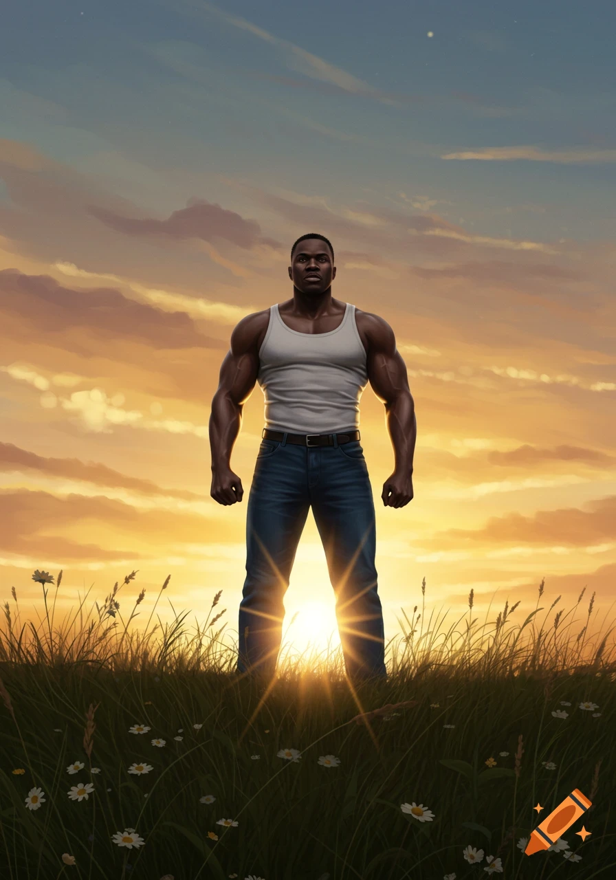 A muscular Black man in a white tank top and blue jeans stands in a grassy field, silhouetted by a vibrant sunset.