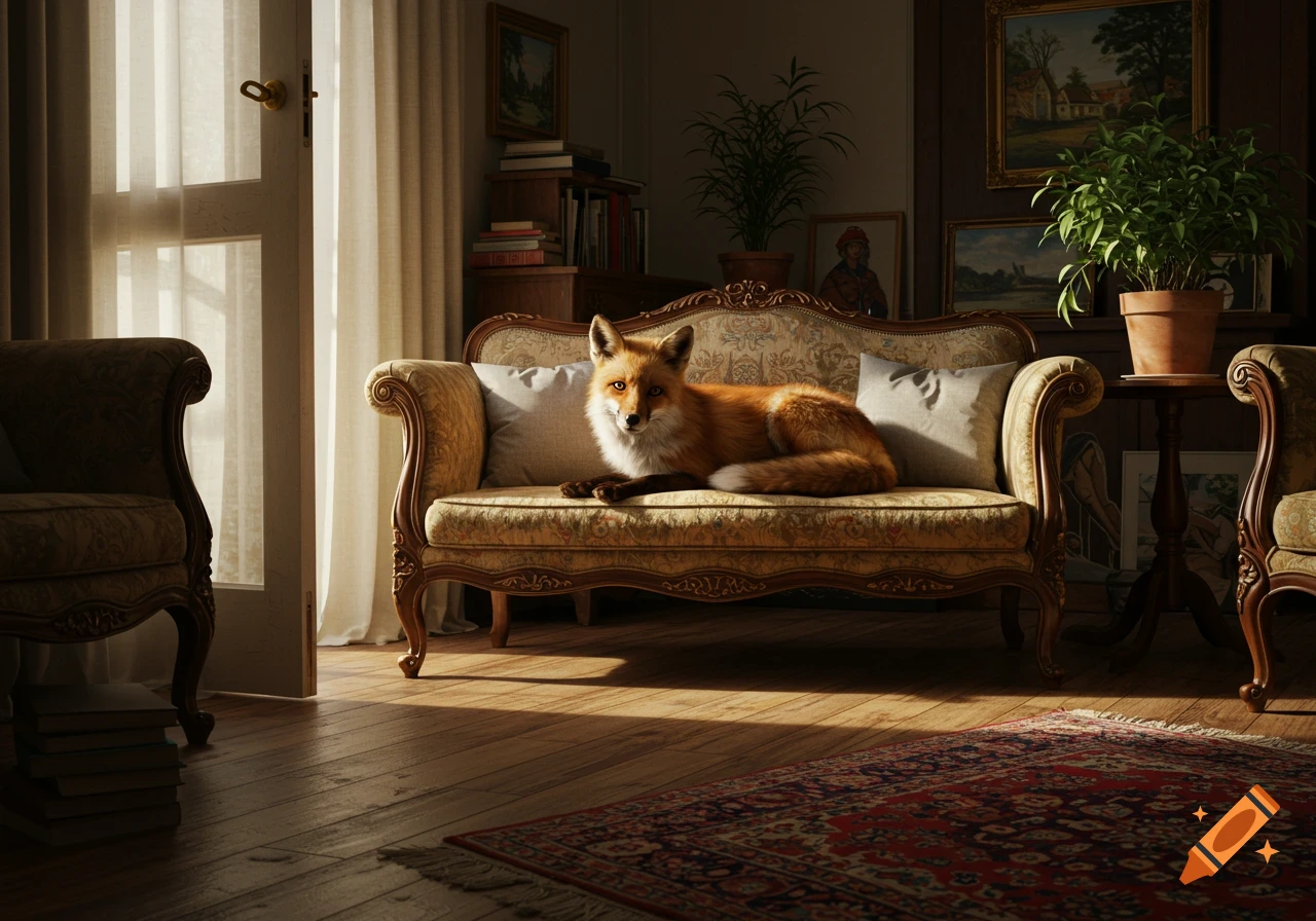 A photorealistic red fox with white fur on its chest, lies comfortably on an ornate couch in a sunlit living room.