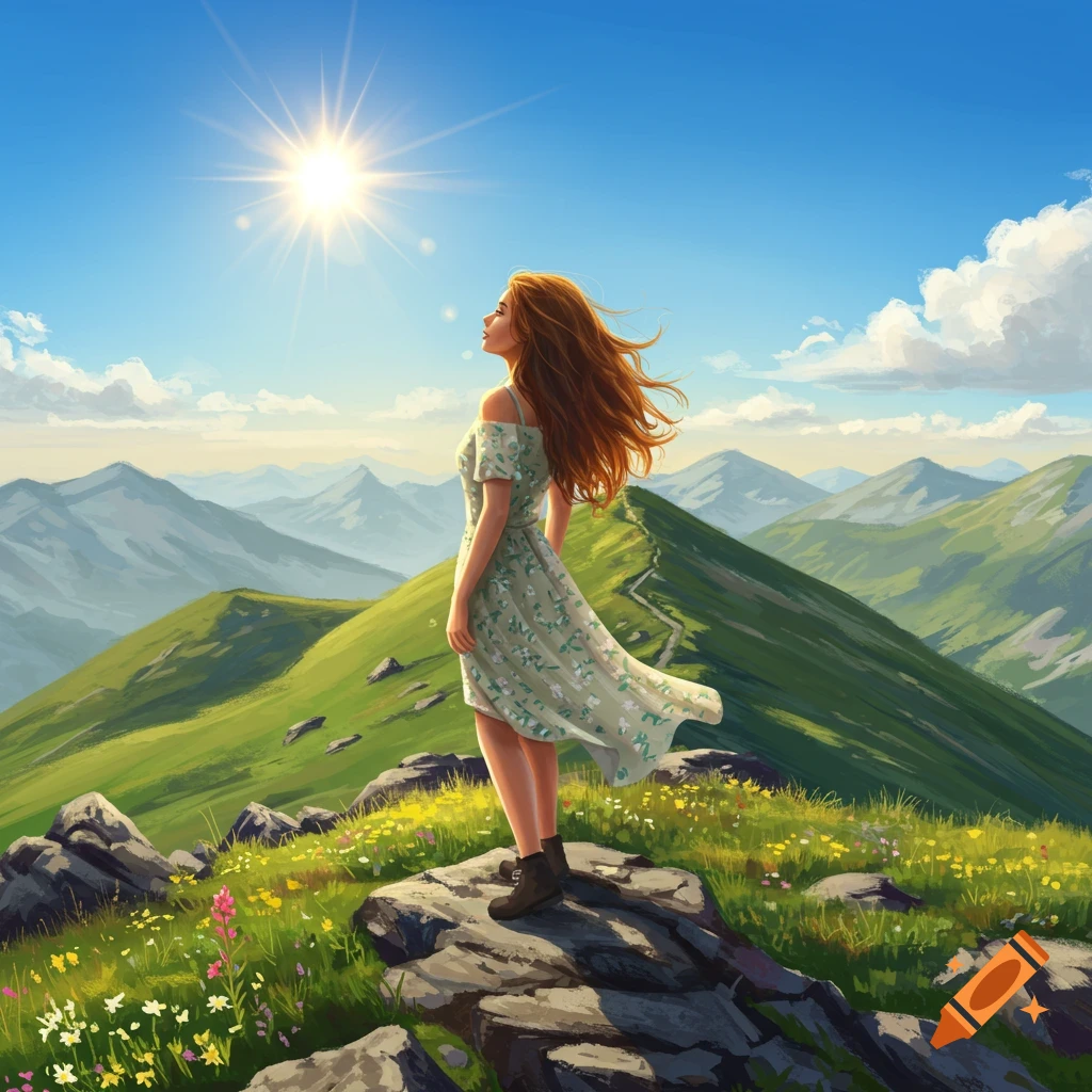 An illustrated woman stands on a grassy mountain peak, looking up at the bright sun. Her red hair and light green dress blow in the wind, with green mountains and wildflowers in the background.