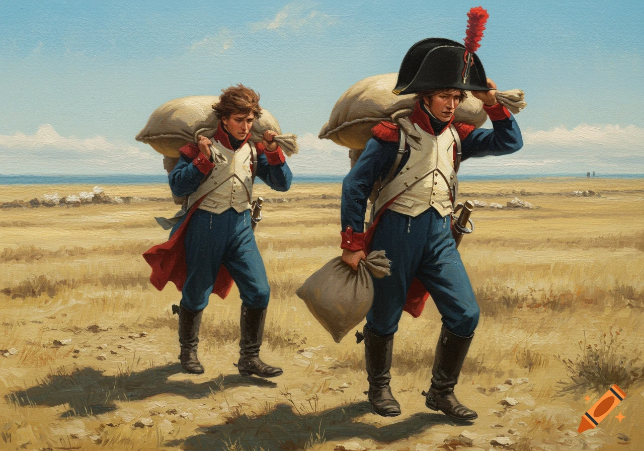 Two young men in Napoleonic military uniforms carry heavy sacks across a dry, open plain under a clear sky in a 19th-century oil painting style.