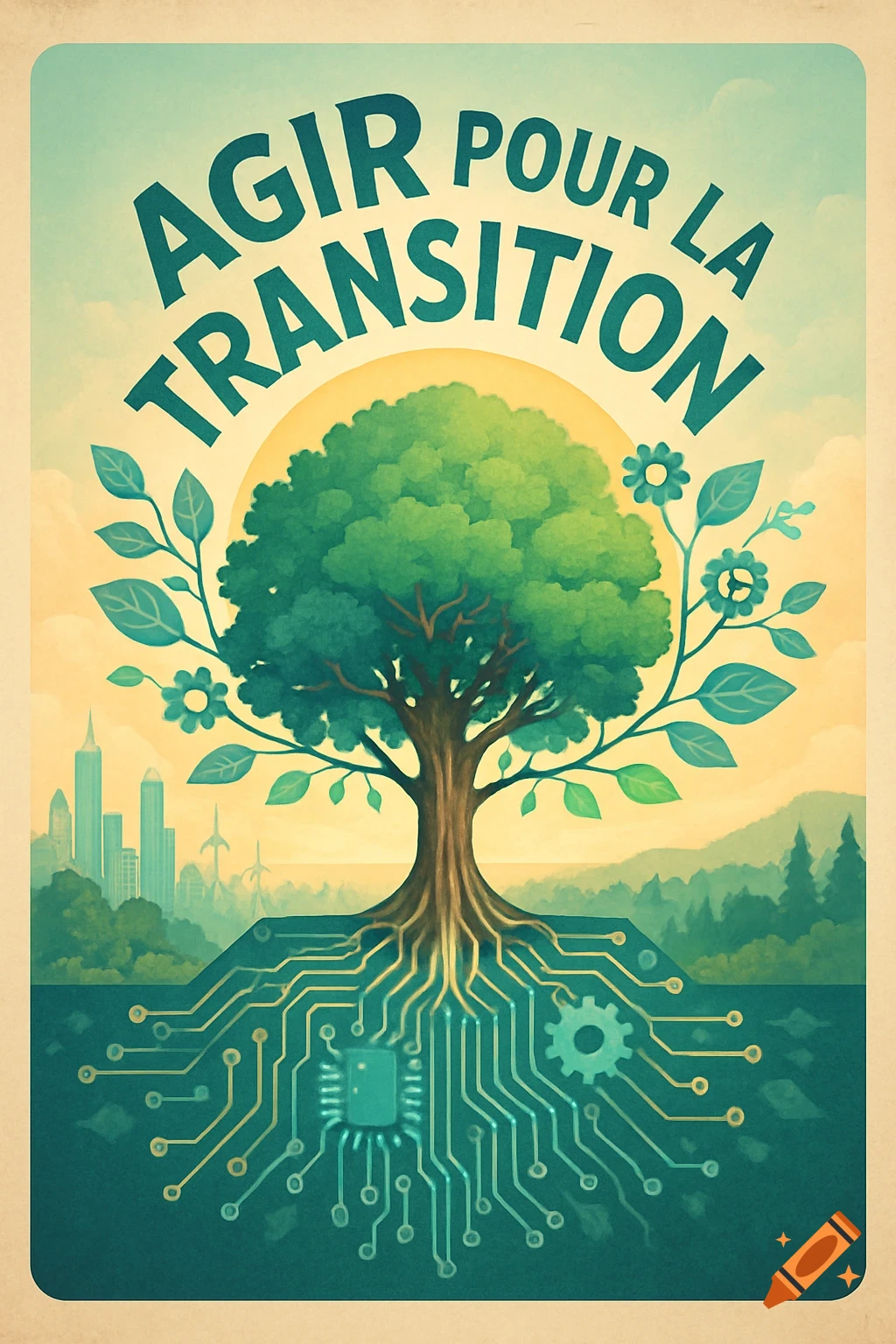 A stylized poster with a large green tree rooted in circuit boards, a city skyline, and mountains under a yellow sky. Text reads "AGIR POUR LA TRANSITION".
