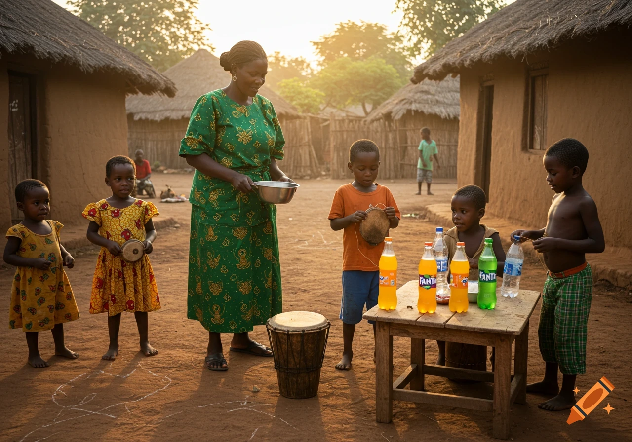 A woman and several children gathered in a sunny village with mud huts, some holding soda bottles and instruments.
