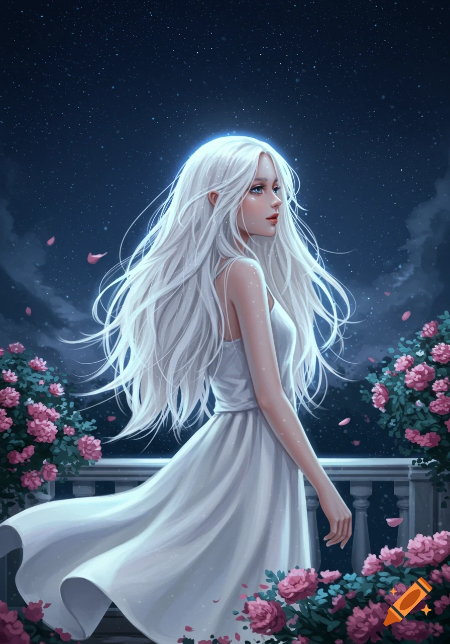 A platinum blonde woman with glowing hair in a white dress stands on a balcony with pink roses under a starry night sky, looking to the side in a dreamy illustration.