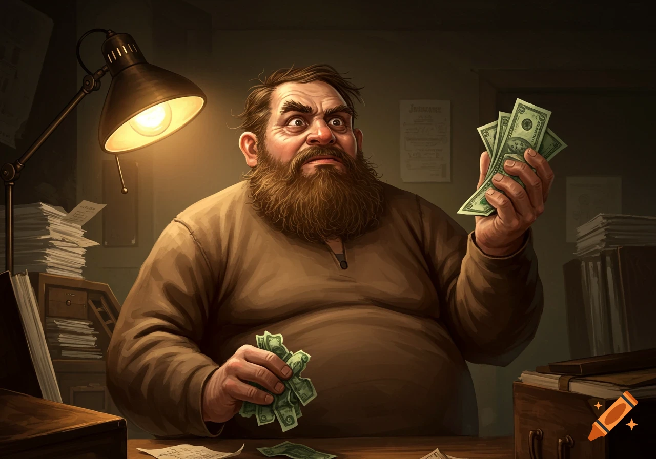 An illustrated portly, bearded man at a desk under a lamp, holding cash with a disgusted expression.
