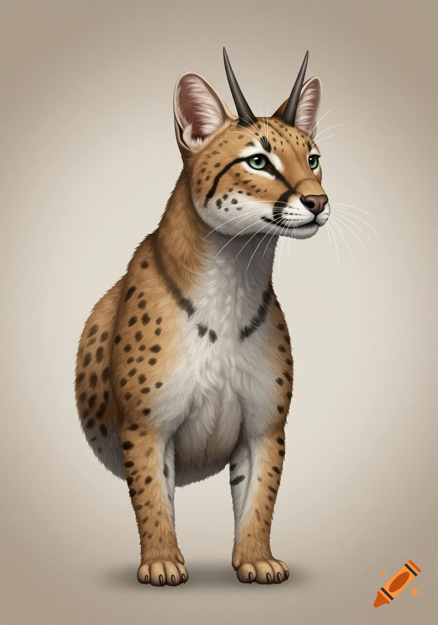 A stylized, spotted, serval-like cat creature with green eyes and small black horns stands facing right on a light background.