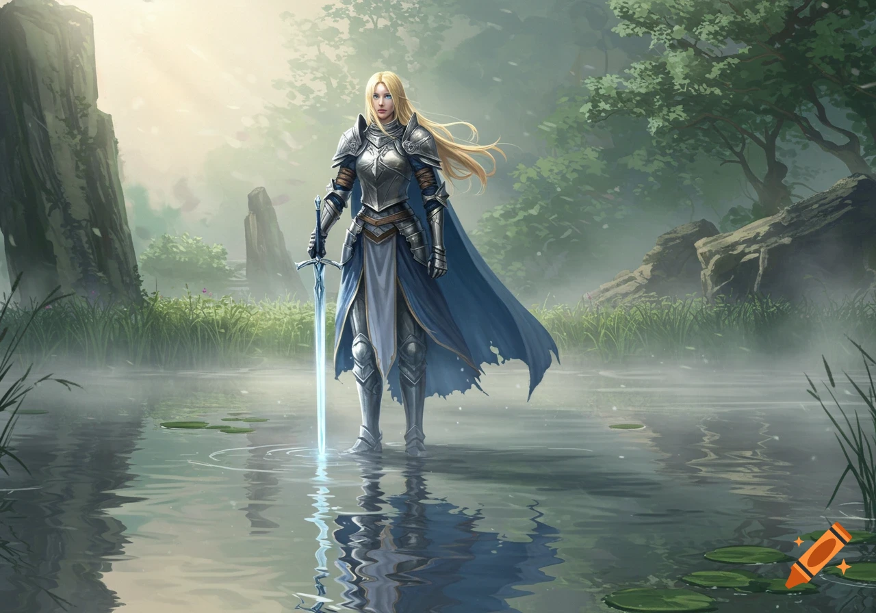 A female knight with blonde hair, in silver armor and blue cape, stands in a misty forest pond, holding a glowing sword.