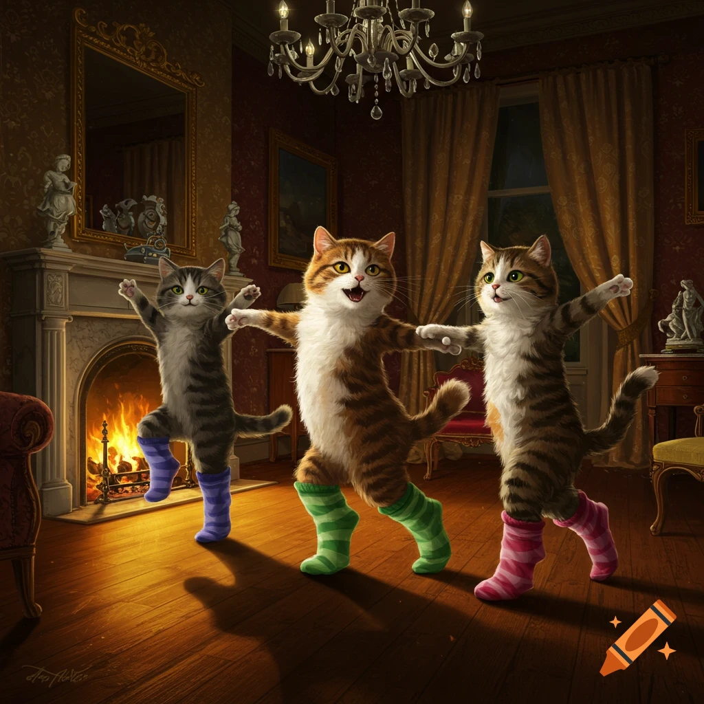 Three cats with outstretched arms and bent legs dance in a lavish room, wearing colorful striped socks. A fireplace burns behind them.