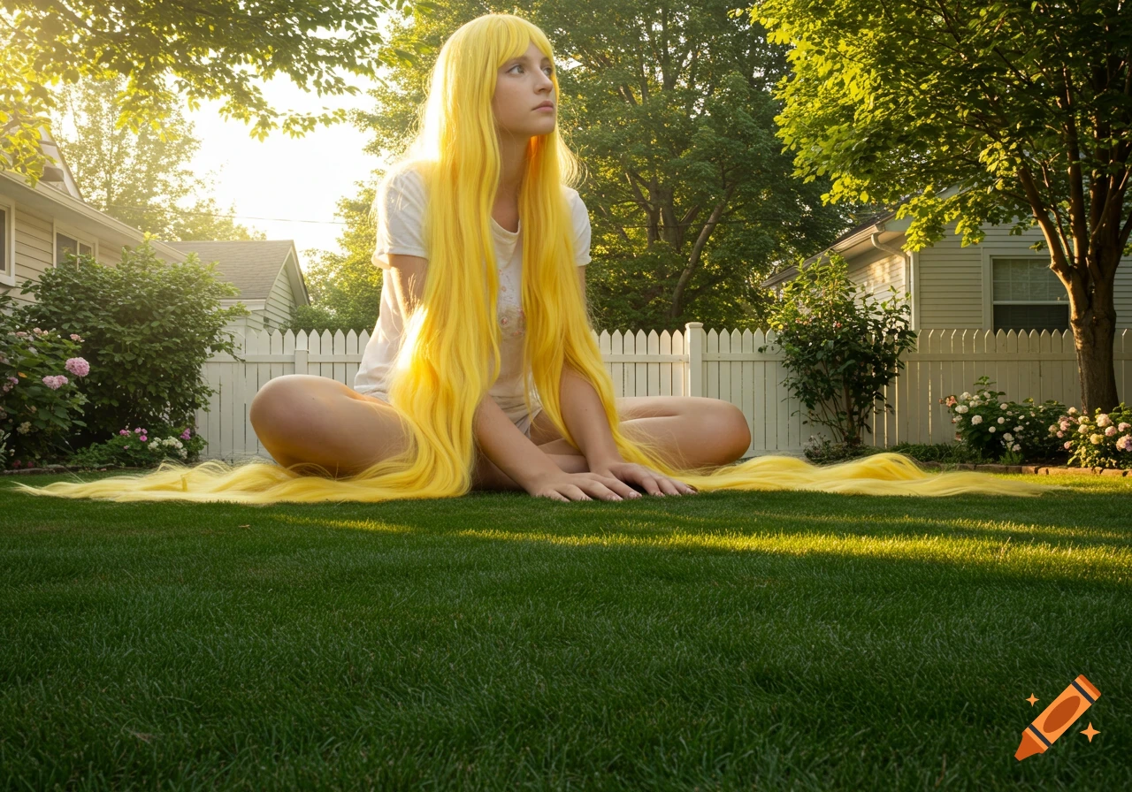 Photorealistic image of a person with extremely long yellow hair sitting on green grass in a sunlit backyard, looking up.