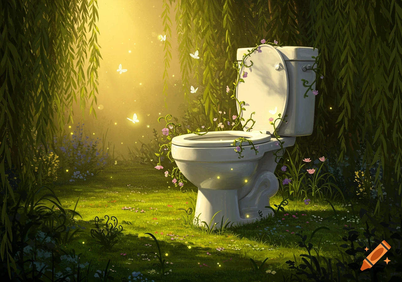 A whimsical illustration of a toilet covered in vines and flowers in a glowing enchanted forest with butterflies.