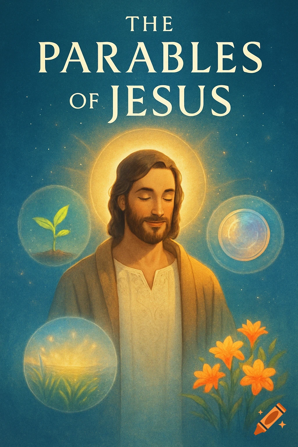 An illustrated book cover shows Jesus with a halo, symbols of parables in bubbles, and 'THE PARABLES OF JESUS' text.