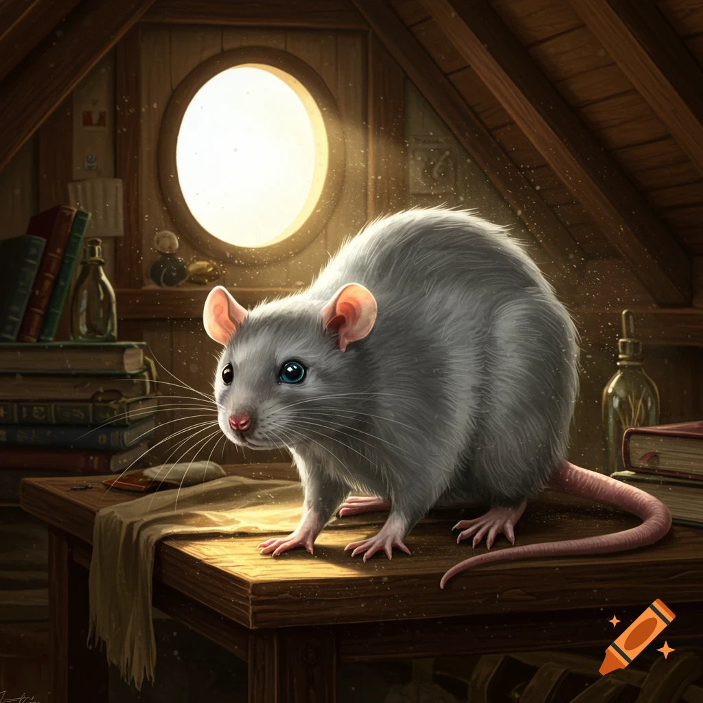 A grey rat-like creature with large blue eyes and pink ears sits on a wooden table in a dimly lit attic with a circular window.