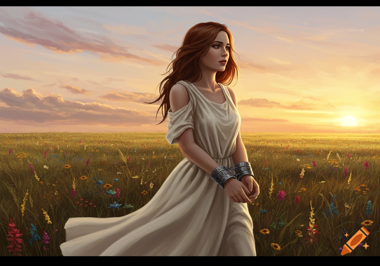 A young woman in a white dress with shackles on her wrists stands in a wildflower field at sunset, digital art.